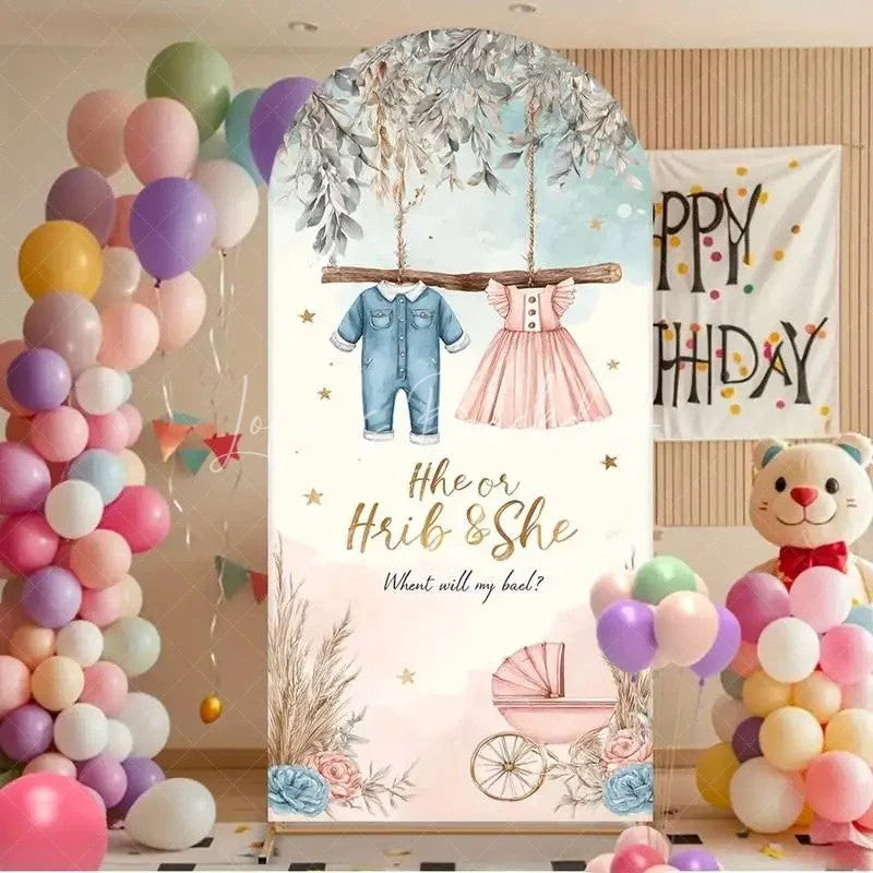Lofaris He or She Gender Reveal Arch Backdrop Baby Clothes and Floral Stroller Pink Blue Party Decorations