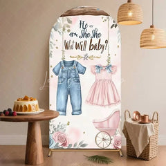 Lofaris He or She Gender Reveal Arch Backdrop Baby Clothes and Floral Stroller Pink Blue Party Decorations