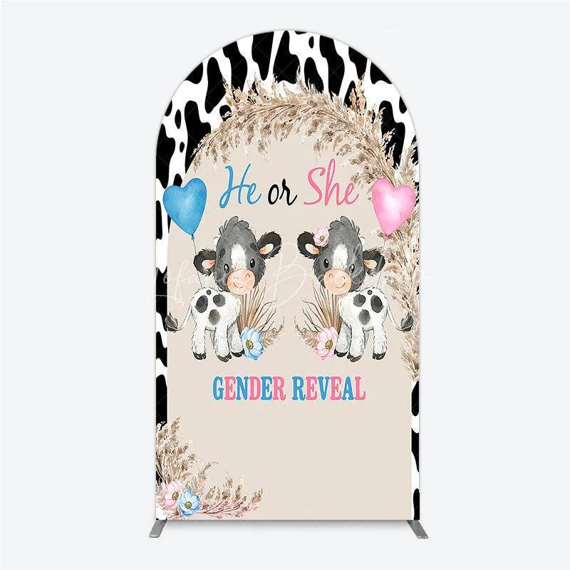 Lofaris He or She Gender Reveal Cow Arch Backdrop Western Farm Animal and Pampas Grass Party Cover
