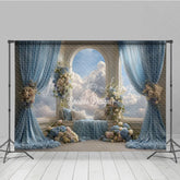 Lofaris Heavenly Window Seat Backdrop Blue Drapes with Sky View Elegant Wedding Floral Photography Background