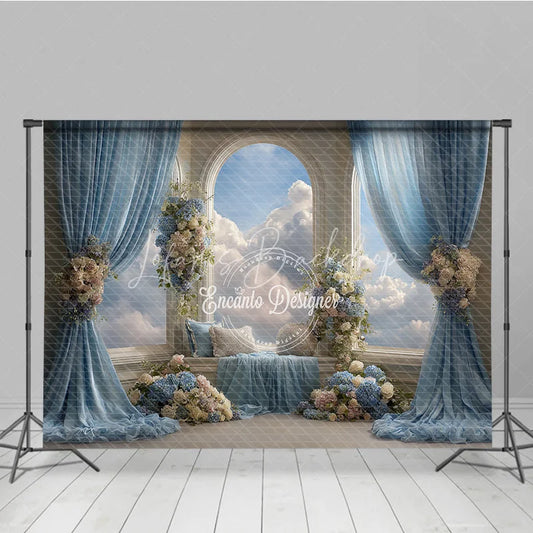 Lofaris Heavenly Window Seat Backdrop Blue Drapes with Sky View Elegant Wedding Floral Photography Background