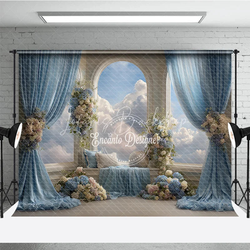 Lofaris Heavenly Window Seat Backdrop Blue Drapes with Sky View Elegant Wedding Floral Photography Background