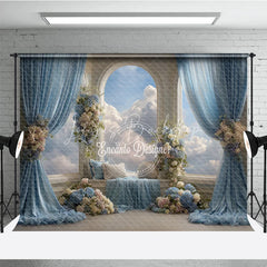 Lofaris Heavenly Window Seat Backdrop Blue Drapes with Sky View Elegant Wedding Floral Photography Background