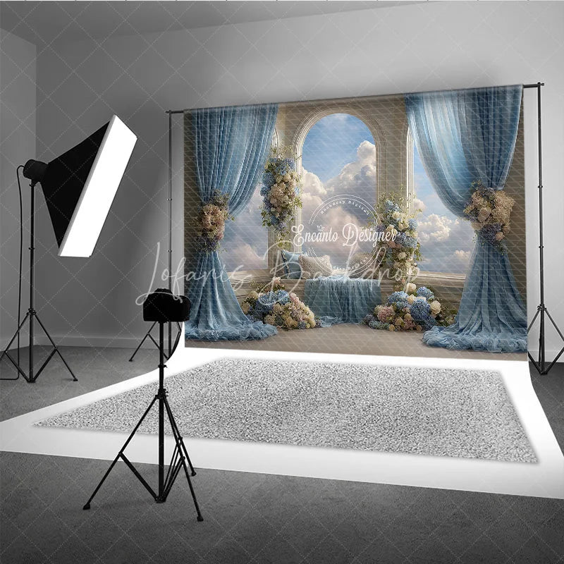 Lofaris Heavenly Window Seat Backdrop Blue Drapes with Sky View Elegant Wedding Floral Photography Background