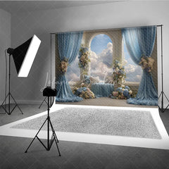 Lofaris Heavenly Window Seat Backdrop Blue Drapes with Sky View Elegant Wedding Floral Photography Background