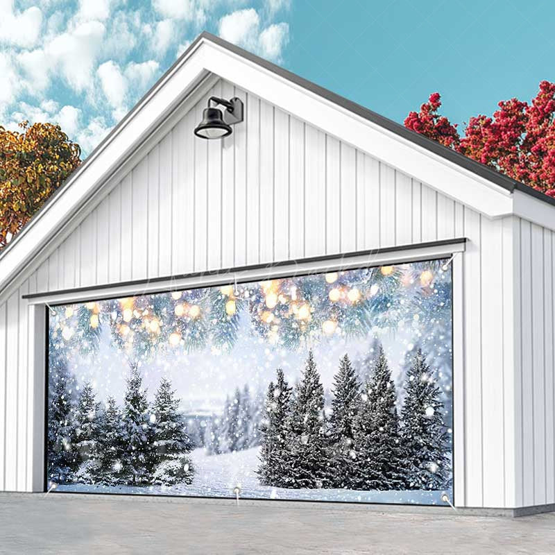 Lofaris Heavy Snowy Bokeh Light Trees Garage Door Banner