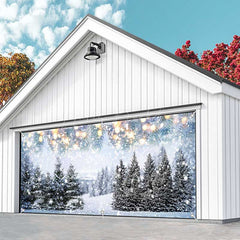 Lofaris Heavy Snowy Bokeh Light Trees Garage Door Banner