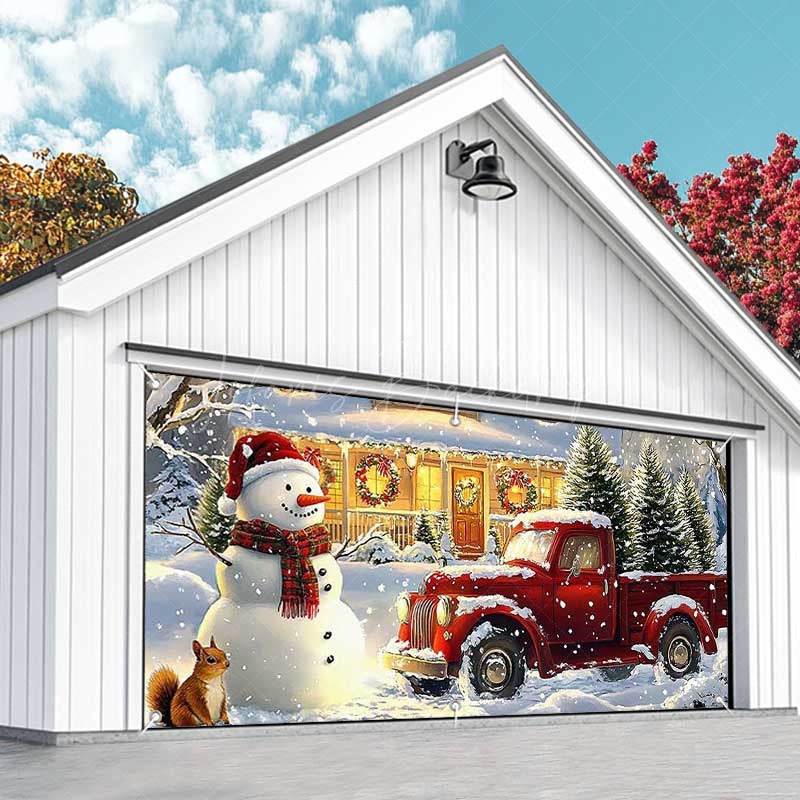 Lofaris Heavy Snowy Snowman Red Truck Garage Door Banner