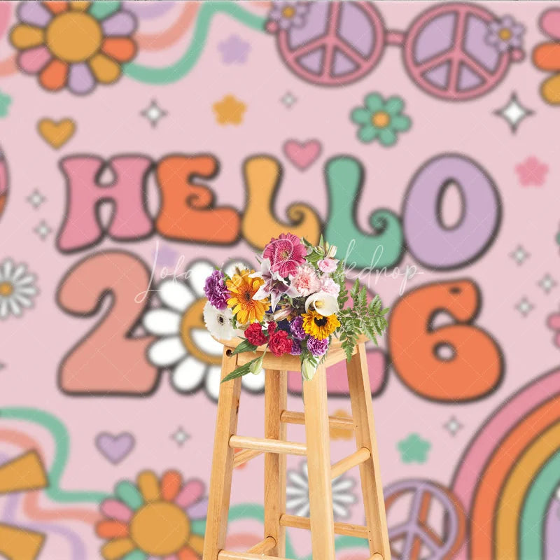Lofaris Hello 2026 Groovy New Year Backdrop Retro 70s Hippie Theme with Disco Ball Peace Signs and Rainbow Party Decor