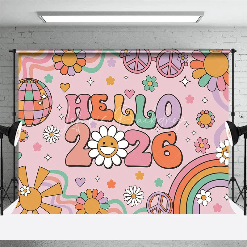 Lofaris Hello 2026 Groovy New Year Backdrop Retro 70s Hippie Theme with Disco Ball Peace Signs and Rainbow Party Decor