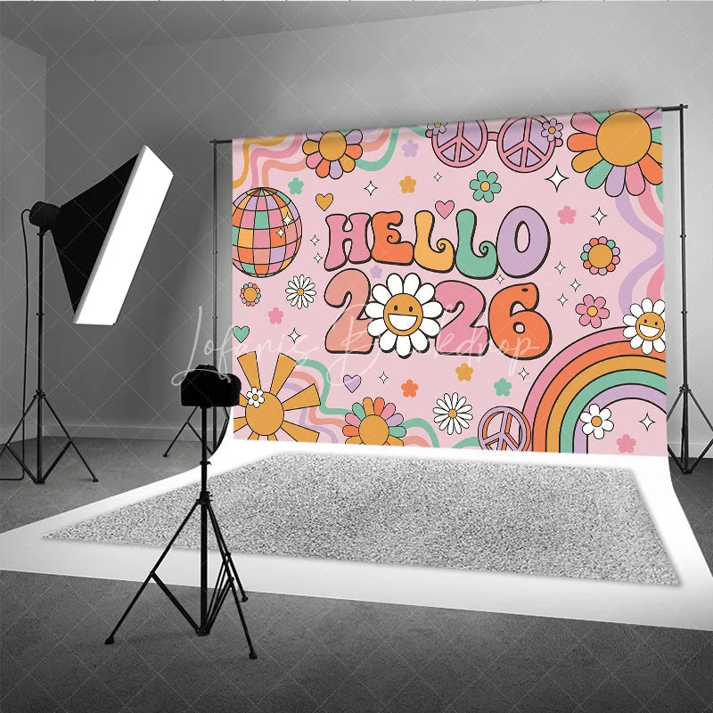 Lofaris Hello 2026 Groovy New Year Backdrop Retro 70s Hippie Theme with Disco Ball Peace Signs and Rainbow Party Decor