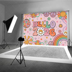 Lofaris Hello 2026 Groovy New Year Backdrop Retro 70s Hippie Theme with Disco Ball Peace Signs and Rainbow Party Decor