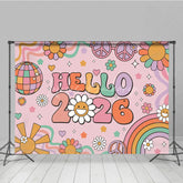 Lofaris Hello 2026 Groovy New Year Backdrop Retro 70s Hippie Theme with Disco Ball Peace Signs and Rainbow Party Decor