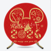 Lofaris Hello 2026 New Year Round Backdrop with Mouse Ears and Castle Red Gold Glitter Magical Kingdom Party Decor