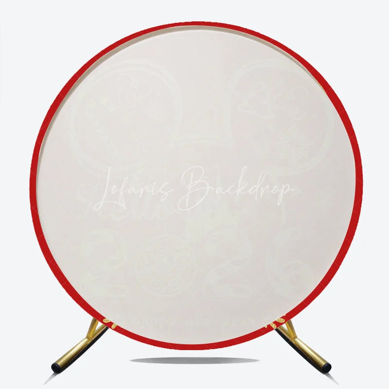 Lofaris Hello 2026 New Year Round Backdrop with Mouse Ears and Castle Red Gold Glitter Magical Kingdom Party Decor
