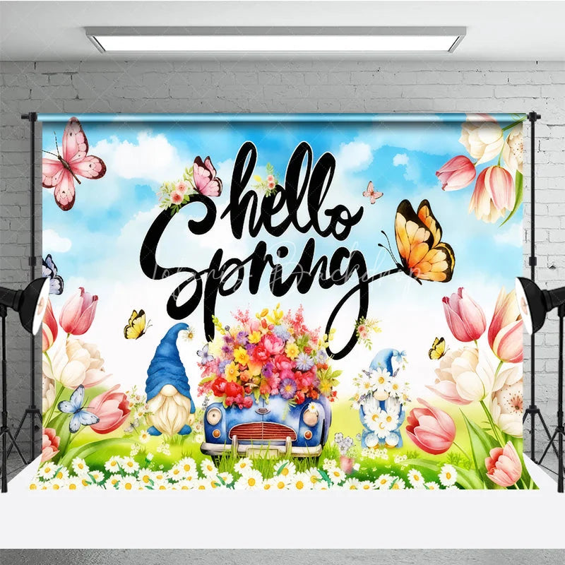 Lofaris Hello Spring Backdrop Colorful Tulips and Garden Gnomes Flower Car Background Springtime Nature Butterfly Party Decor