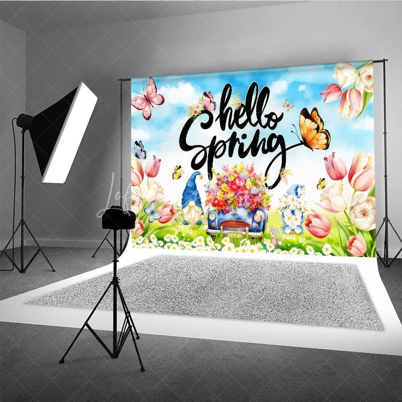 Lofaris Hello Spring Backdrop Colorful Tulips and Garden Gnomes Flower Car Background Springtime Nature Butterfly Party Decor