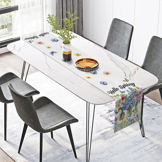 Lofaris Hello Spring Table Runner with Floral Butterfly and Vase for Garden Party Farmhouse Kitchen Decor