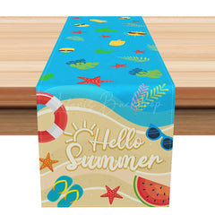 Lofaris Hello Summer Table Runner with Blue Beach and Sunshine Print for Coastal Tropical Kitchen Decor