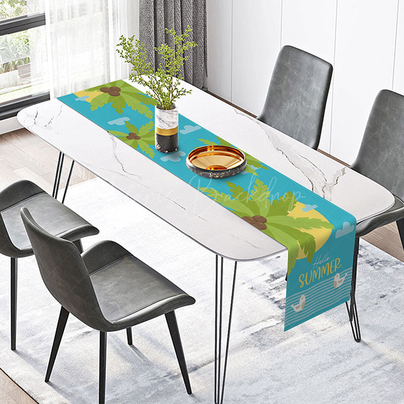 Lofaris Hello Summer Table Runner with Coconut Trees and Blue Sea for Tropical Beach Coastal Kitchen Decor