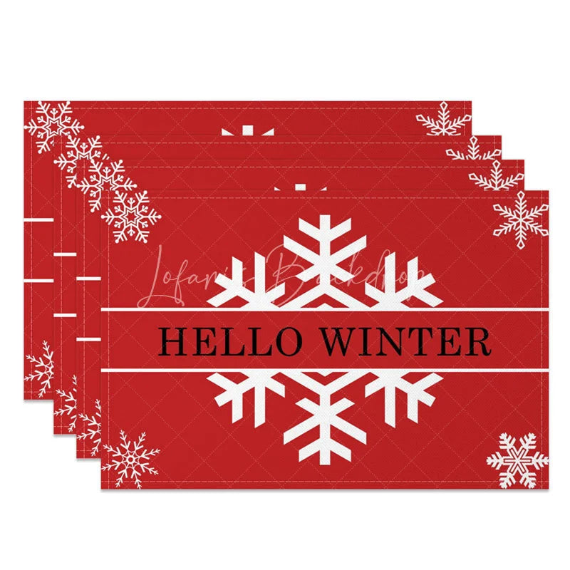 Lofaris Hello Winter Set of 4 Placemats Red with White Snowflakes Modern Holiday Table Mats Decor