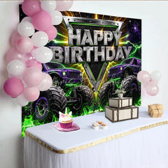 Lofaris High-Energy Purple Monster Truck Rally Birthday Backdrop featuring Green Lightning and a Starry Night