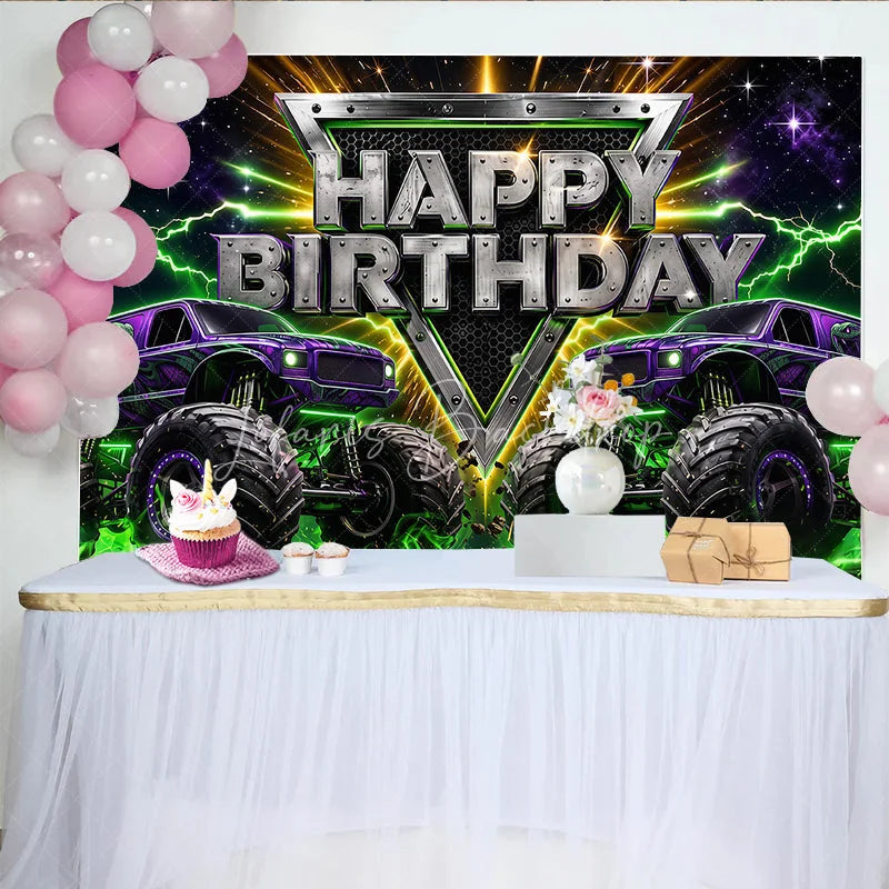 Lofaris High-Energy Purple Monster Truck Rally Birthday Backdrop featuring Green Lightning and a Starry Night