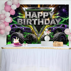Lofaris High-Energy Purple Monster Truck Rally Birthday Backdrop featuring Green Lightning and a Starry Night