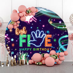 Lofaris High Five Happy Birthday Round Backdrop Neon Glow Party 5th Paint Splatter Photo Booth Props