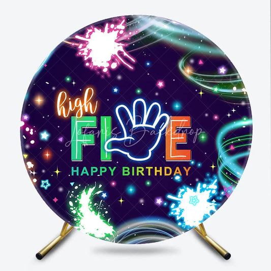 Lofaris High Five Happy Birthday Round Backdrop Neon Glow Party 5th Paint Splatter Photo Booth Props