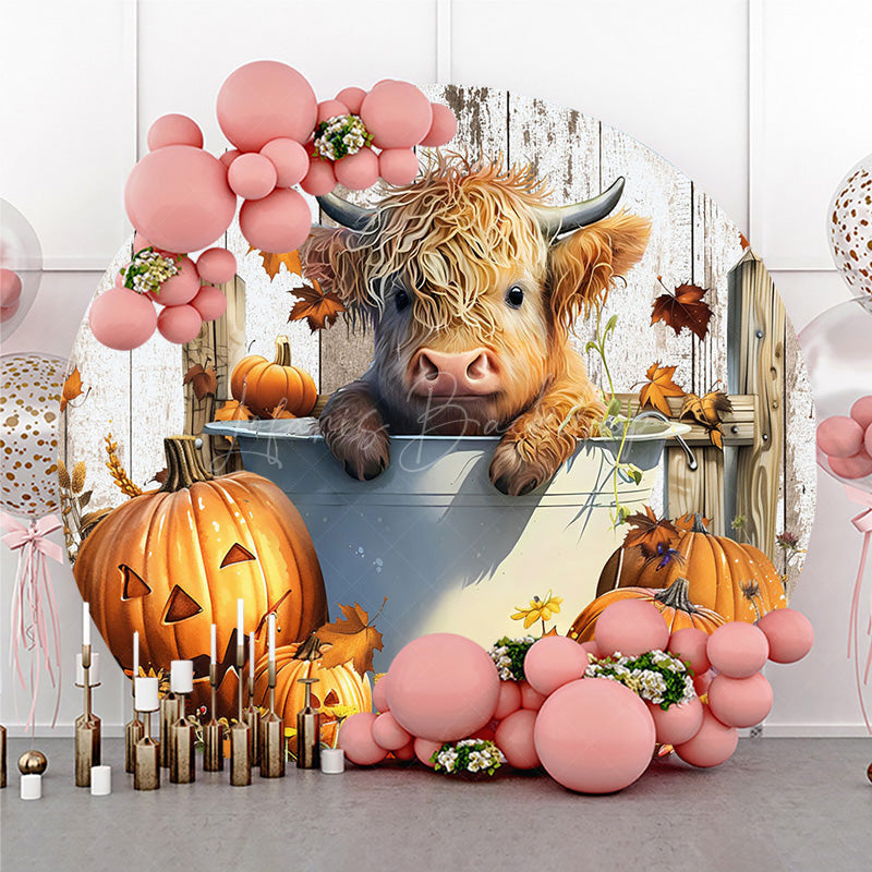 Lofaris Highland Cow in a Tub Round Backdrop Autumn Farm with Jack O’ Lanterns Rustic Fall Thanksgiving Photo Prop