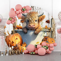Lofaris Highland Cow in a Tub Round Backdrop Autumn Farm with Jack O’ Lanterns Rustic Fall Thanksgiving Photo Prop