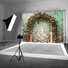 Lofaris Holly Berry Arch Backdrop Teal Wall Green Leaves Photography Background Winter Christmas Floral Holiday Party Decoration