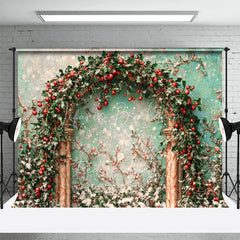 Lofaris Holly Berry Arch Backdrop Teal Wall Green Leaves Photography Background Winter Christmas Floral Holiday Party Decoration