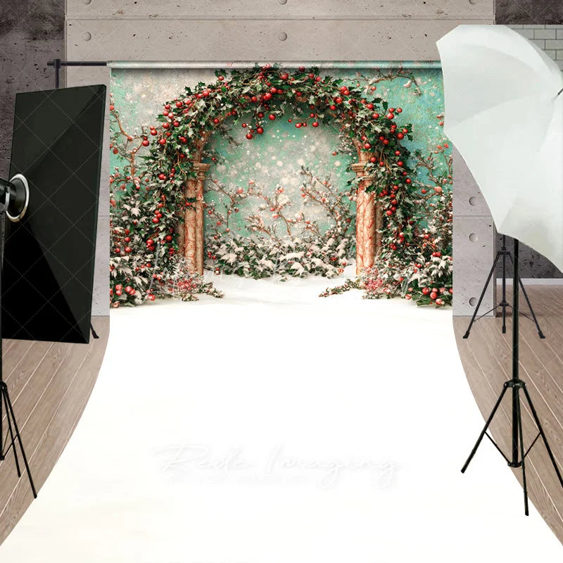 Lofaris Holly Berry Arch Sweep Backdrop Teal Wall Green Leaves Photography Background Winter Christmas Floral Holiday Party Decoration