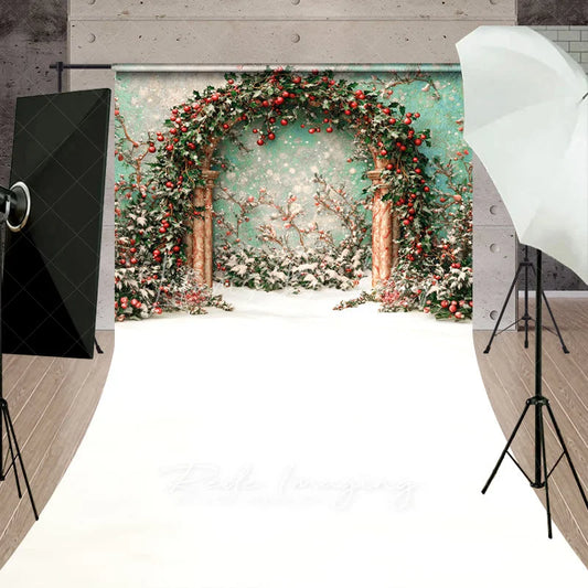 Lofaris Holly Berry Arch Sweep Backdrop Teal Wall Green Leaves Photography Background Winter Christmas Floral Holiday Party Decoration
