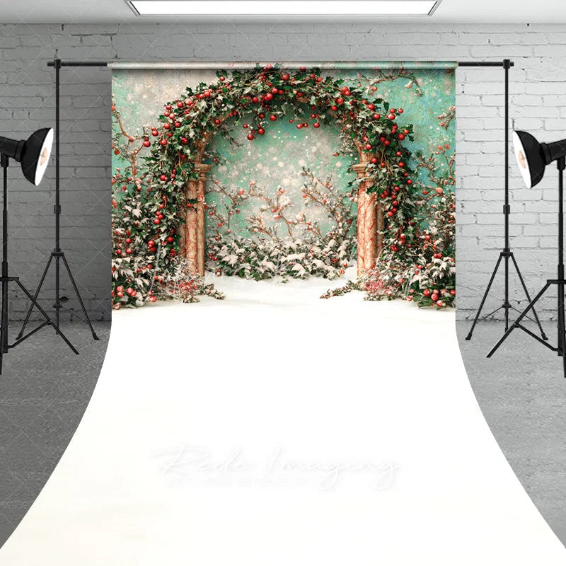 Lofaris Holly Berry Arch Sweep Backdrop Teal Wall Green Leaves Photography Background Winter Christmas Floral Holiday Party Decoration