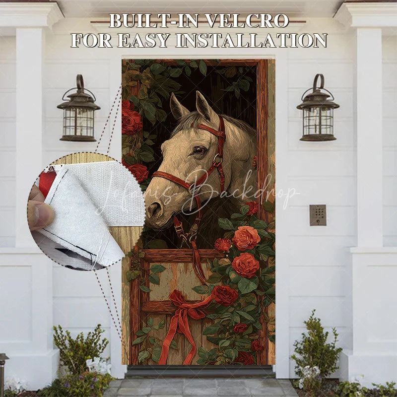 Lofaris Horse and Roses Door Cover Equestrian Stable with Red Ribbon Derby Party Decor