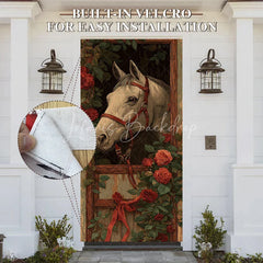 Lofaris Horse and Roses Door Cover Equestrian Stable with Red Ribbon Derby Party Decor