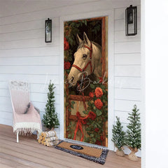 Lofaris Horse and Roses Door Cover Equestrian Stable with Red Ribbon Derby Party Decor