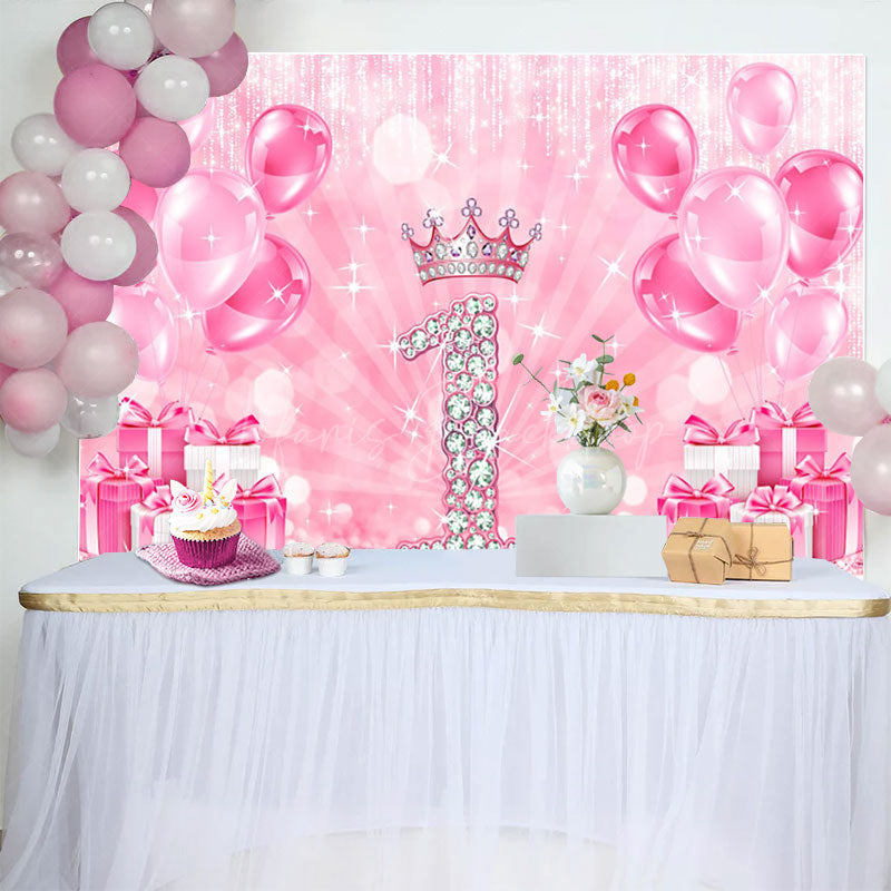 Lofaris Hot Pink Balloon Crown Happy 1st Birthday Backdrop