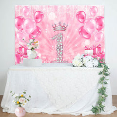 Lofaris Hot Pink Balloon Crown Happy 1st Birthday Backdrop