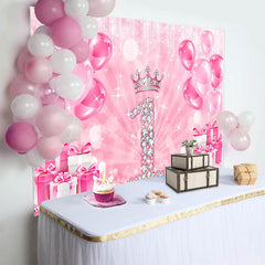 Lofaris Hot Pink Balloon Crown Happy 1st Birthday Backdrop