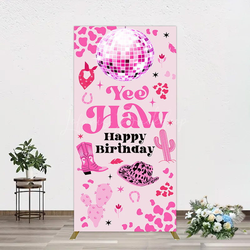 Lofaris Hot Pink Cowgirl Yee Haw Happy Birthday Rectangle Backdrop