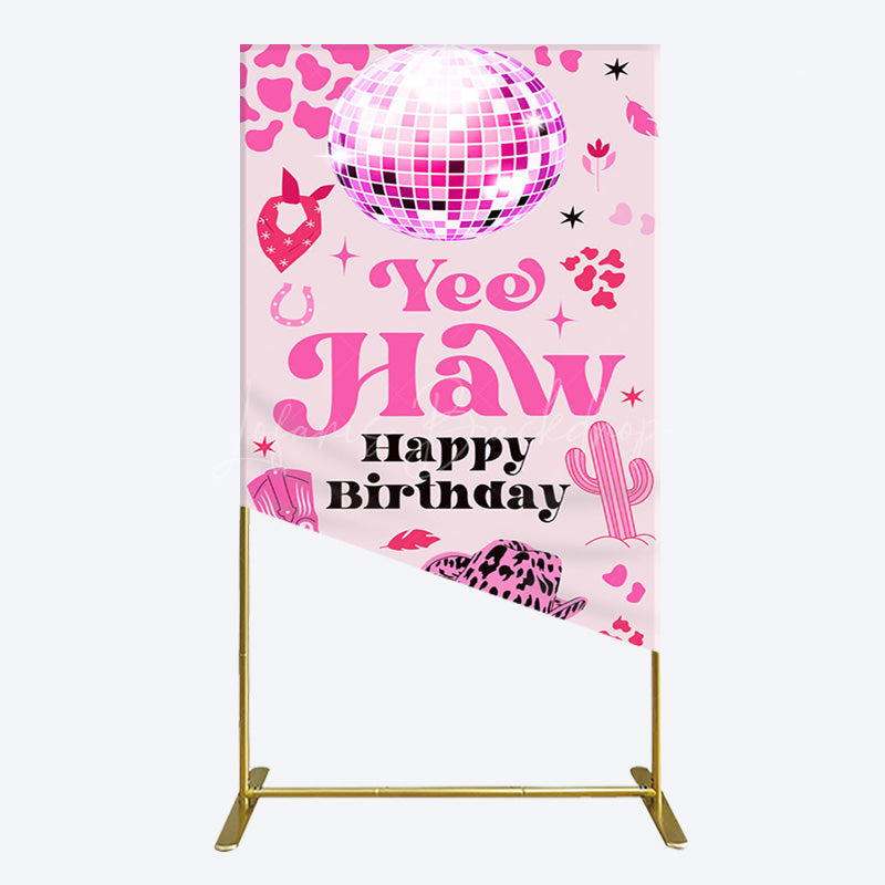 Lofaris Hot Pink Cowgirl Yee Haw Happy Birthday Rectangle Backdrop