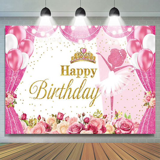 Lofaris Hot Pink Floral Crown Ballet Happy Birthday Backdrop