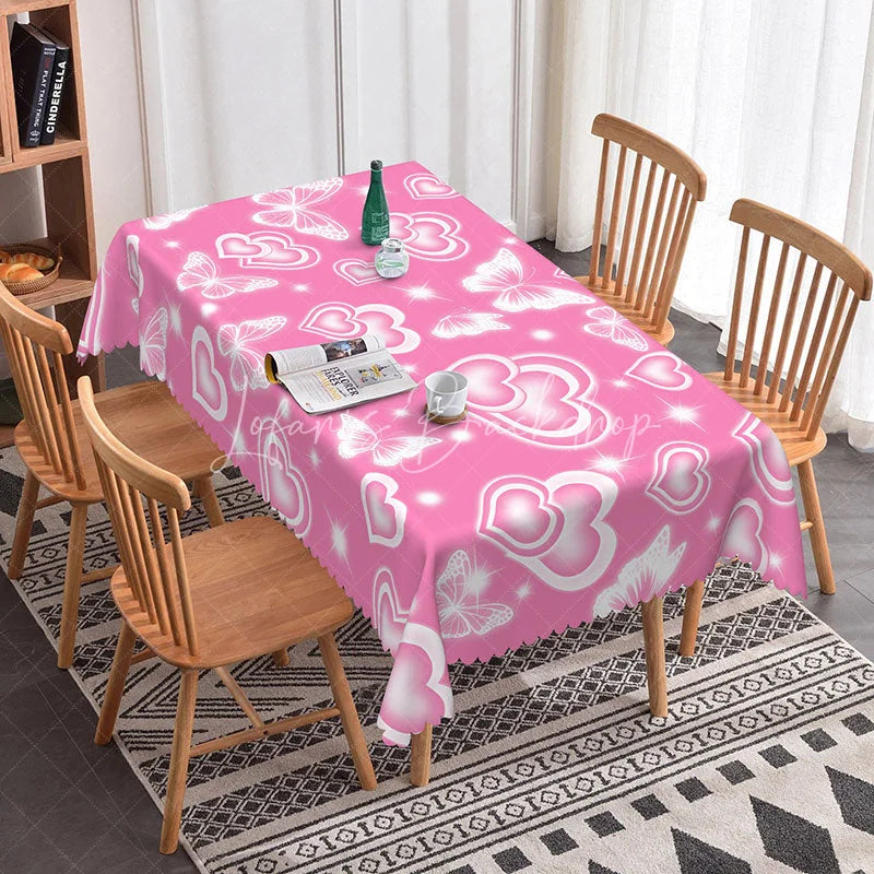 Lofaris Hot Pink Glowing Heart Butterfly Rectangle Tablecloth Vibrant Neon Love Pattern Valentine Party Decor
