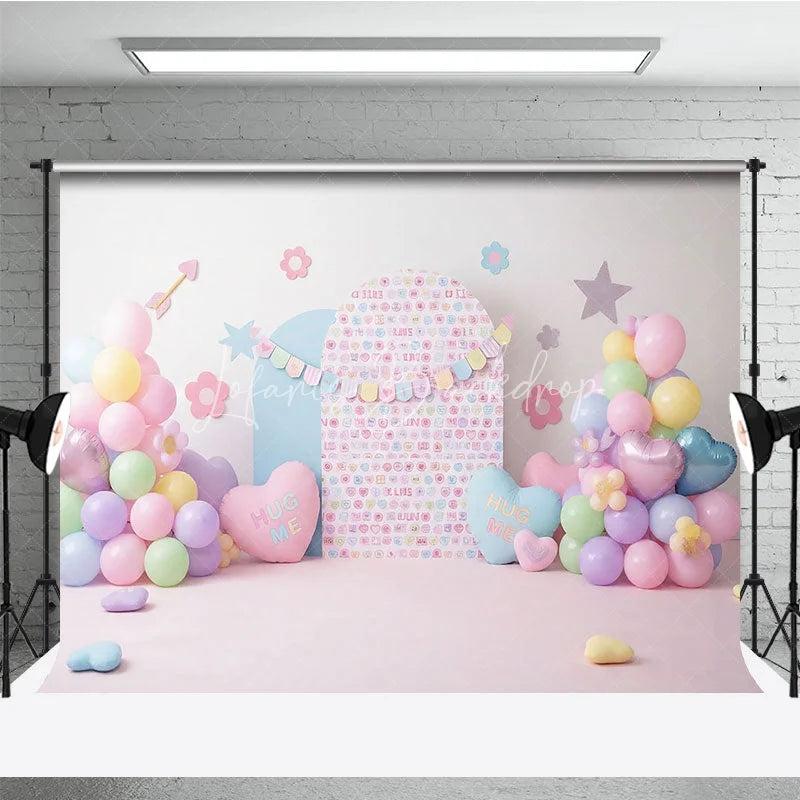 Lofaris Hug Me Candy Hearts and Pastel Balloon Backdrop Sweet Valentine Birthday Party Decor for Girls Cake Smash