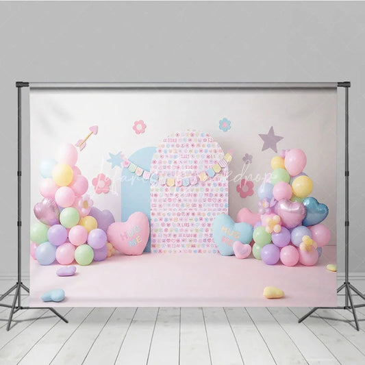Lofaris Hug Me Candy Hearts and Pastel Balloon Backdrop Sweet Valentine Birthday Party Decor for Girls Cake Smash