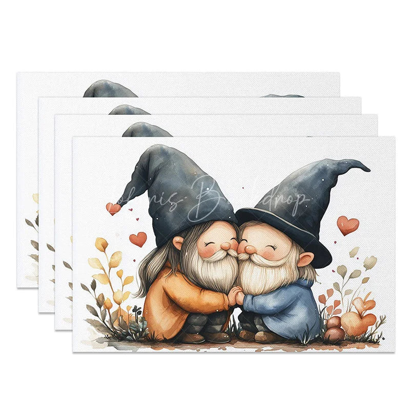 Lofaris Hugging Gnome Blue Hat Set of 4 Placemats Happy Couple Valentine Decoration Cute Heart Dining Table Mat